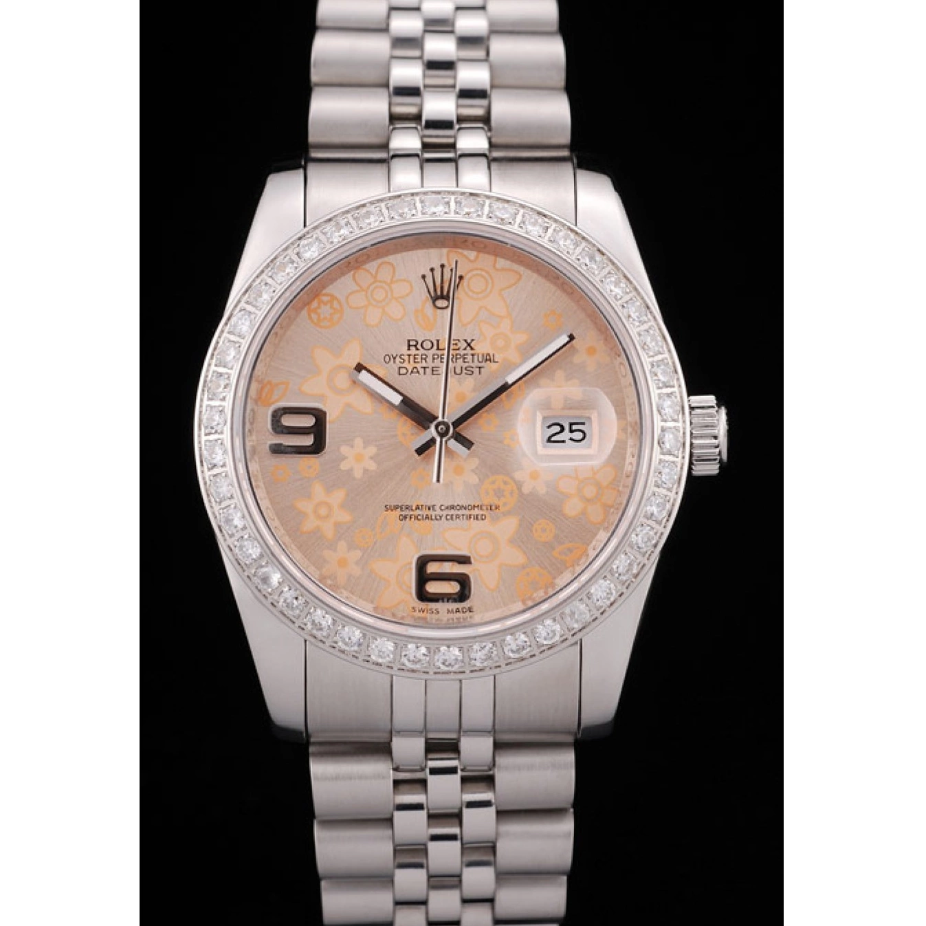 Aaa replica watch Stainless Diamonds Case Orange Flowers Plated Dial DateJust Steel Rolex Brushed 0622